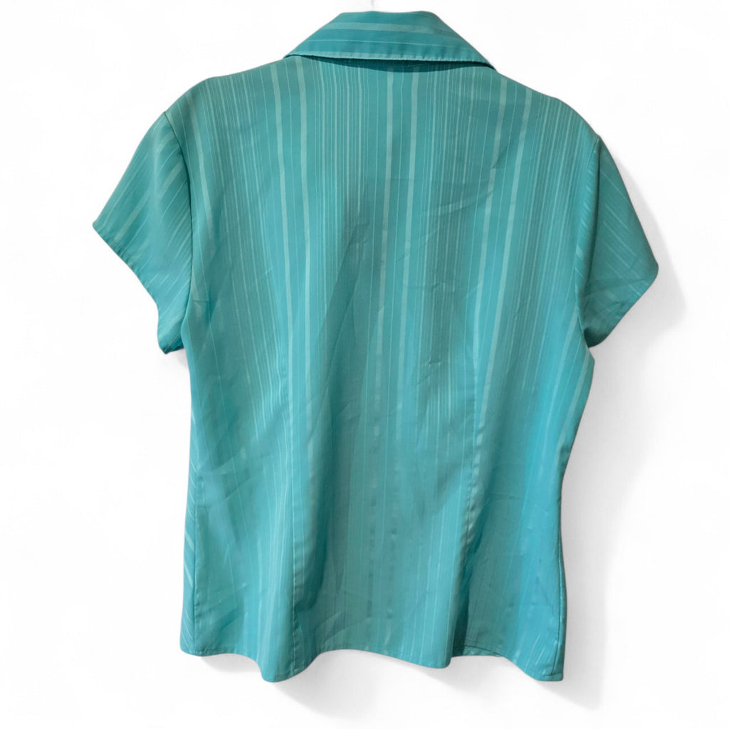 Worthington Teal Aqua Diagonal Stripe Short Sleeve Button Down Blouse Size 8