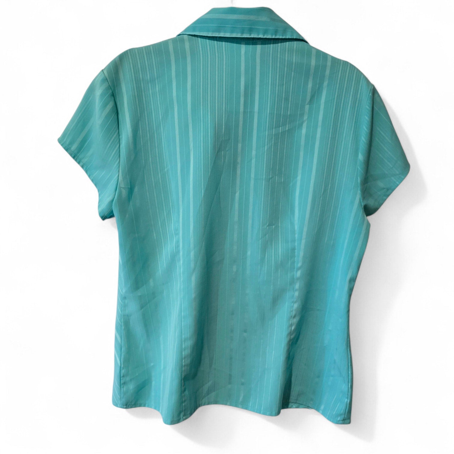 Worthington Teal Aqua Diagonal Stripe Short Sleeve Button Down Blouse Size 8