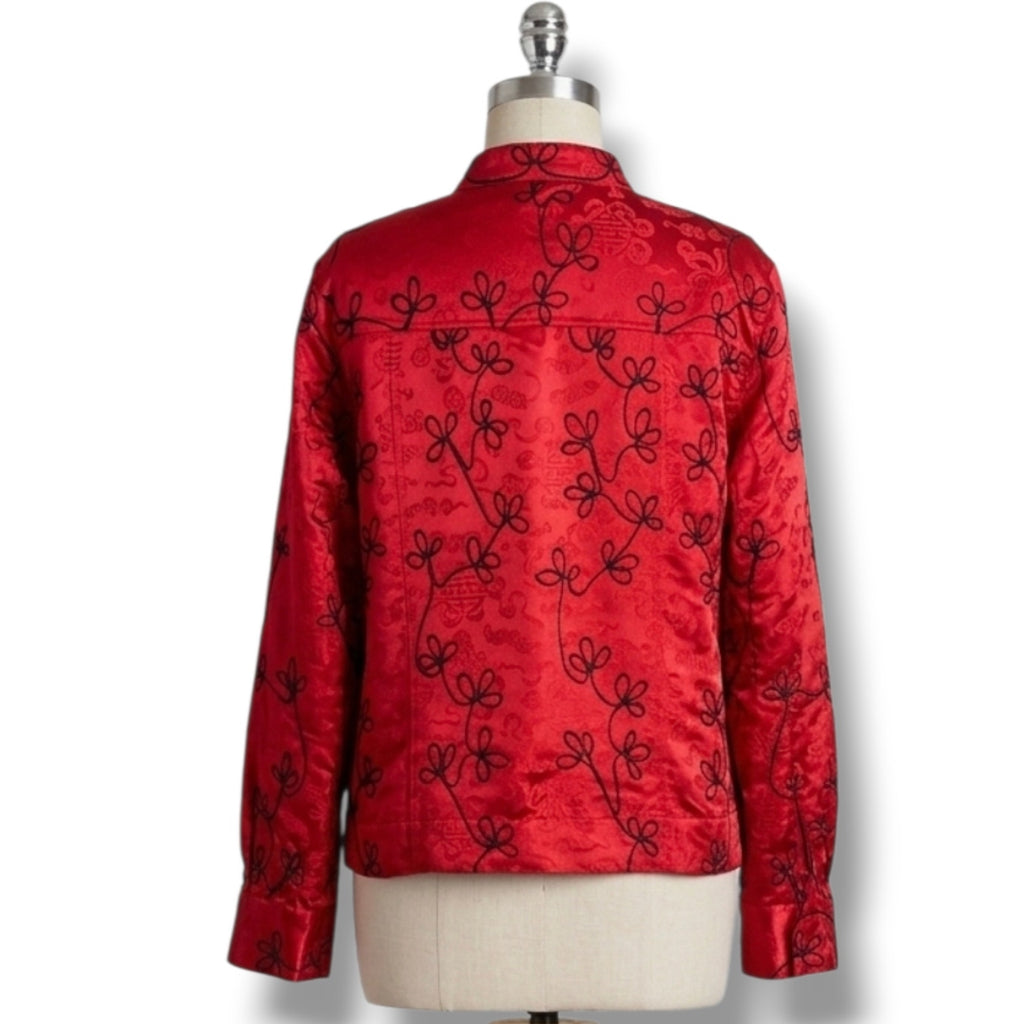 Chico's Design Vintage Women's Size 3 Red Silk Black Embroidered Zip Jacket