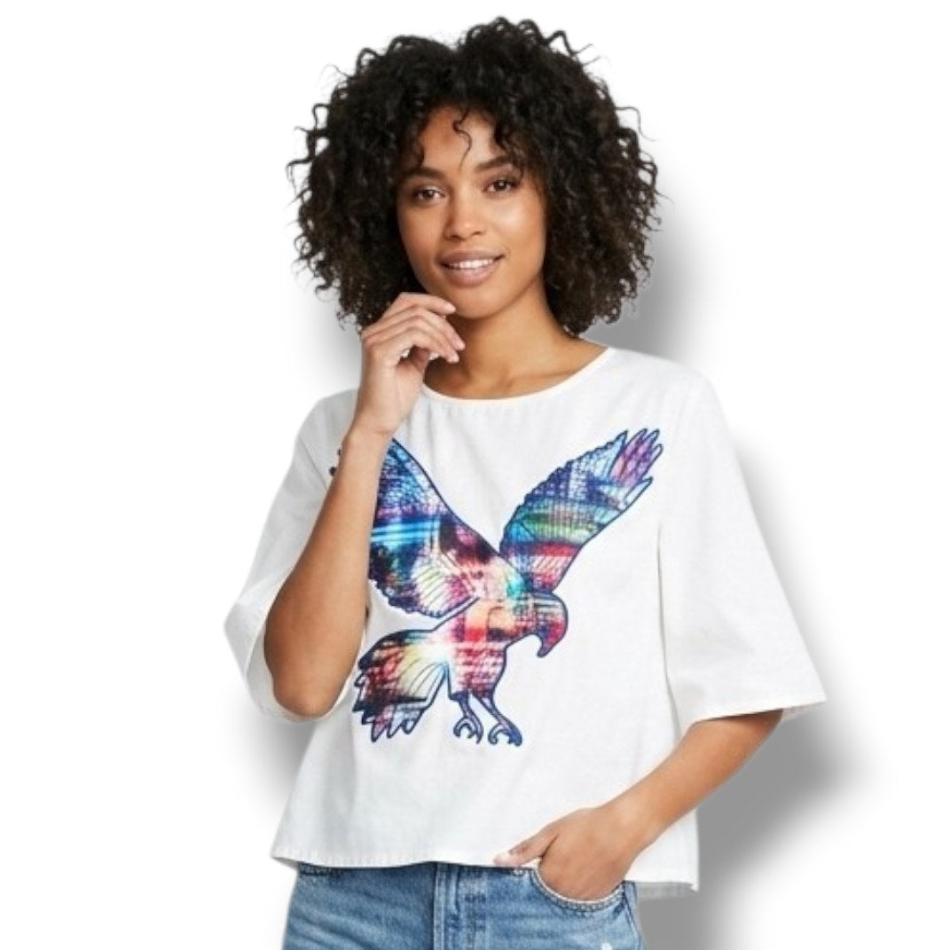 Mustard Seed Women’s Ivory Cropped Top w/ Colorful Eagle Graphic | Size L