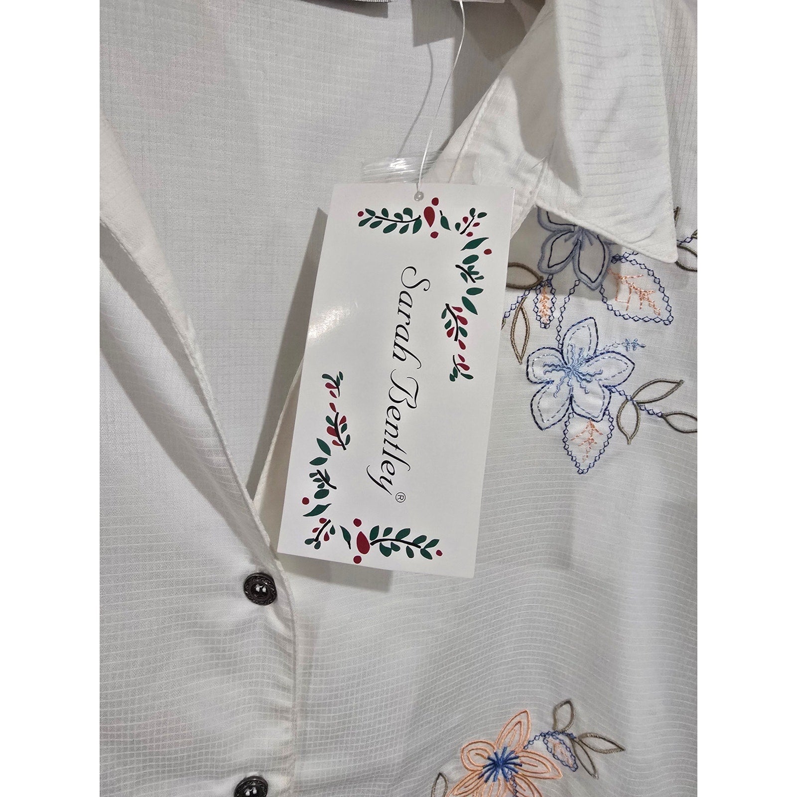 Sarah Bentley Ivory Floral Embroidered Button-Down Blouse NWT – Size XL