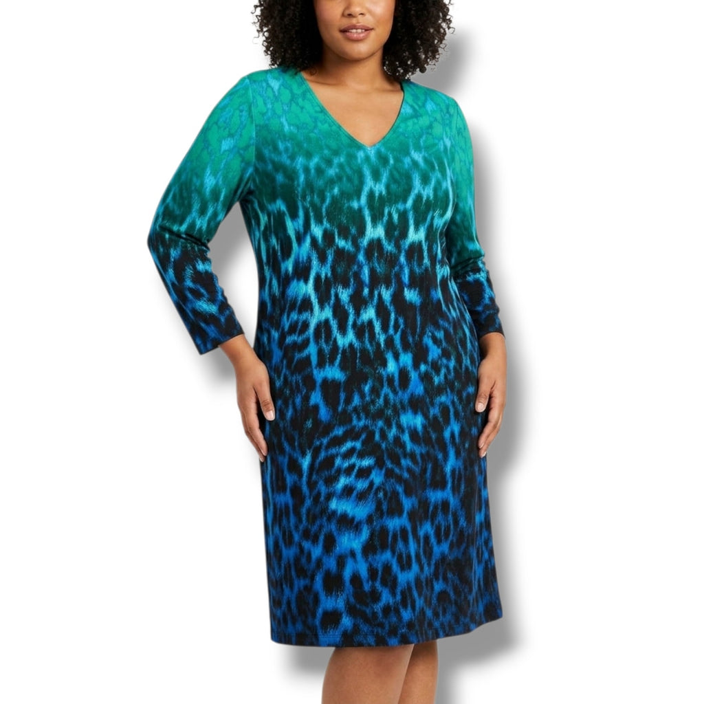 Chico's Women's Size 3 (XL) Blue Green Ombre Leopard Print V-Neck Sheath Dress