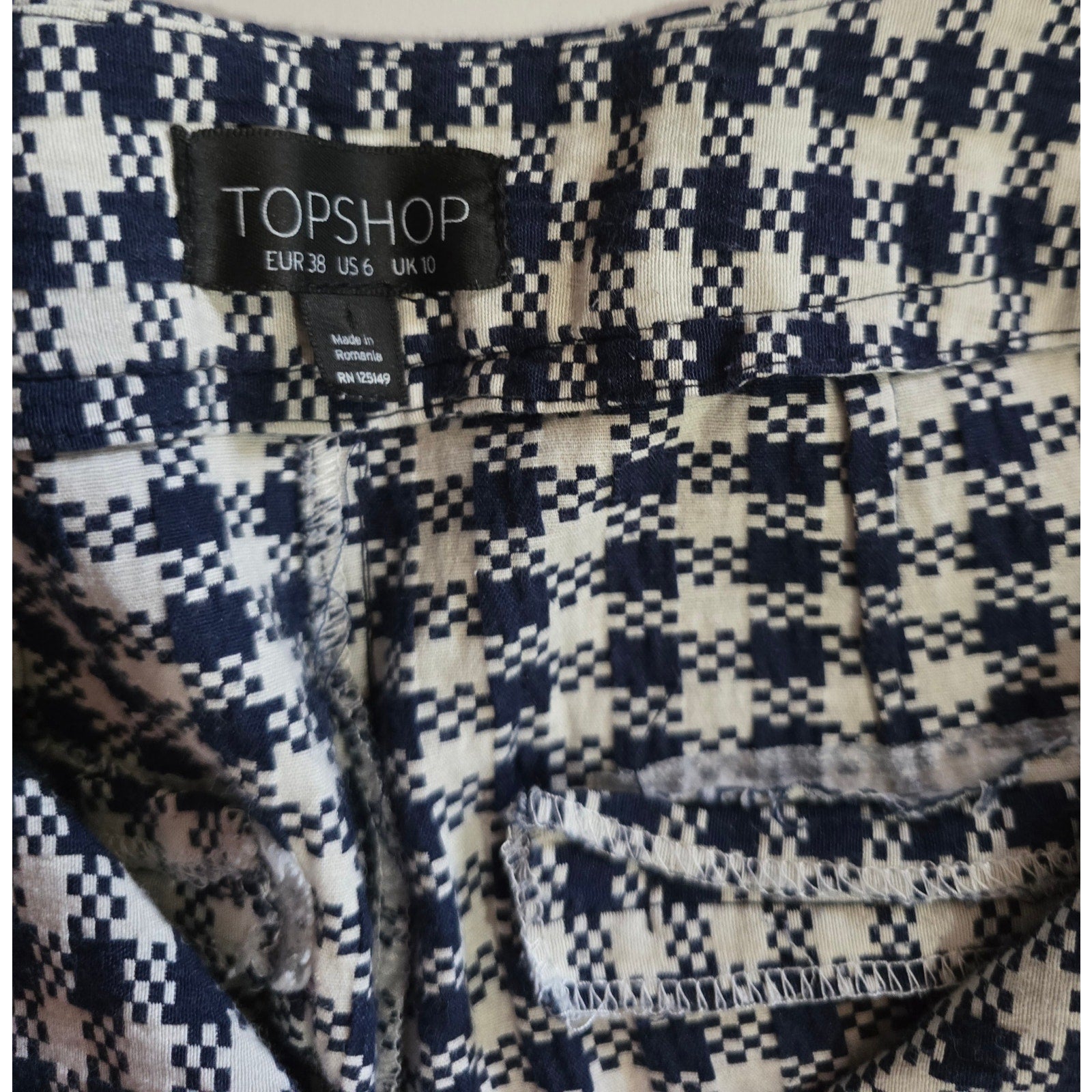 Topshop Women’s Blue White Houndstooth Cropped Pants Size 6