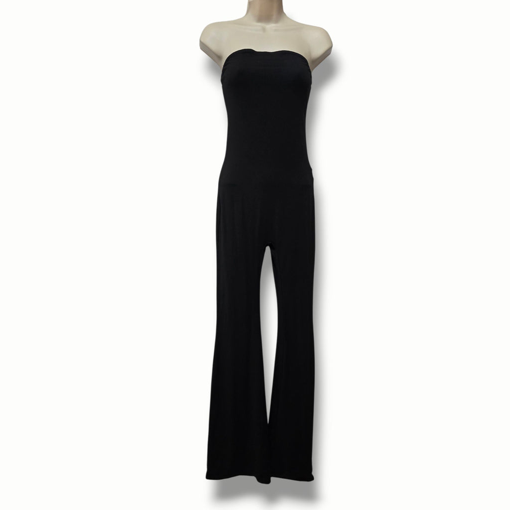 SHEIN Women’s Black Strapless Ribbed Flared Jumpsuit Size XS