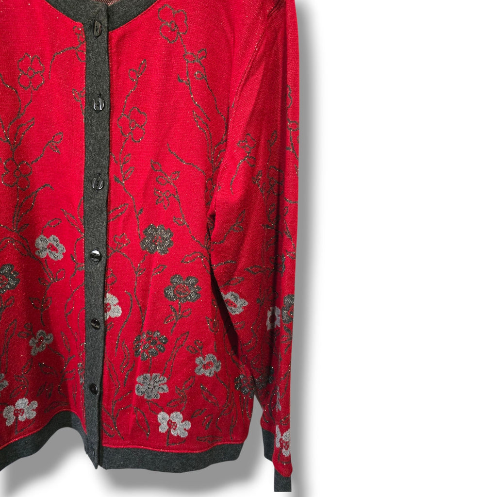 Cathy Daniels Women’s Red Floral Metallic Button-Front Cardigan Sweater – Large
