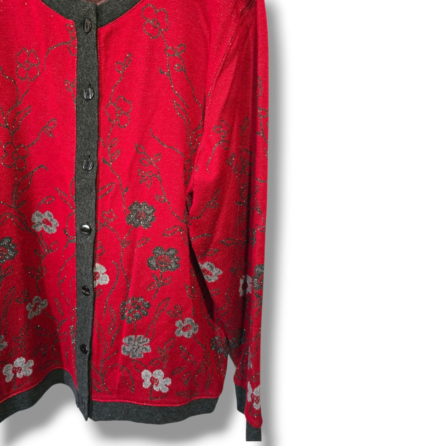 Cathy Daniels Women’s Red Floral Metallic Button-Front Cardigan Sweater – Large