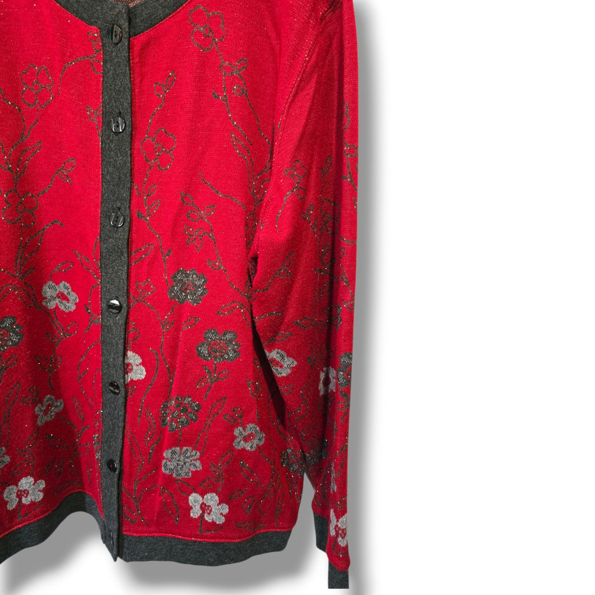 Cathy Daniels Women’s Red Floral Metallic Button-Front Cardigan Sweater – Large