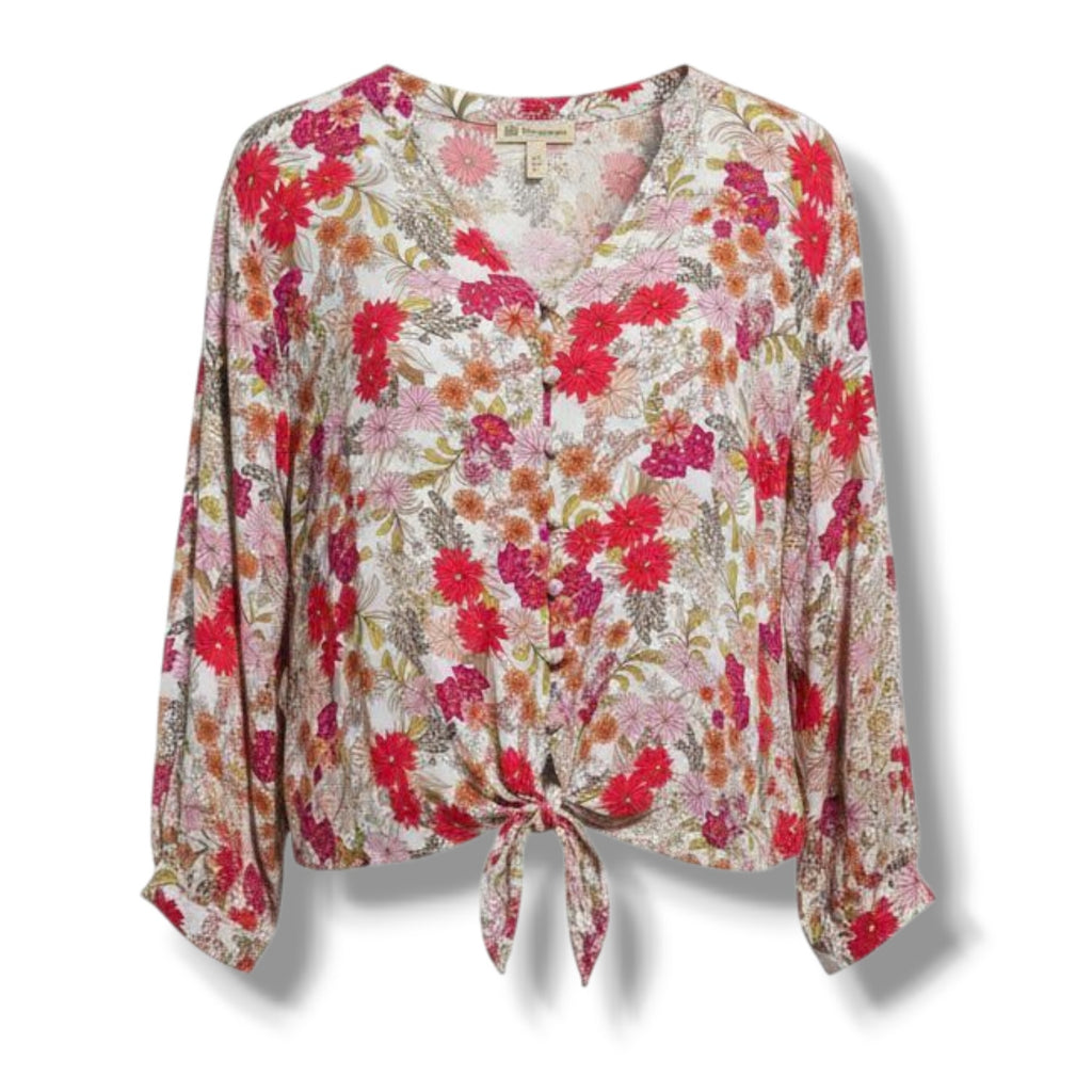 Democracy Women’s Floral Tie-Front Blouse PS Petite – 100% Rayon Boho Style