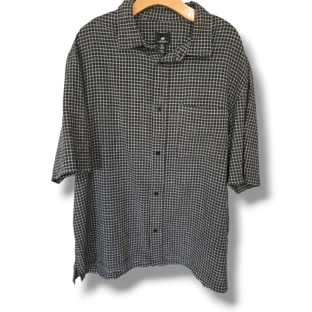 H&M Relaxed Fit Black & White Windowpane Linen-Blend Shirt – Large