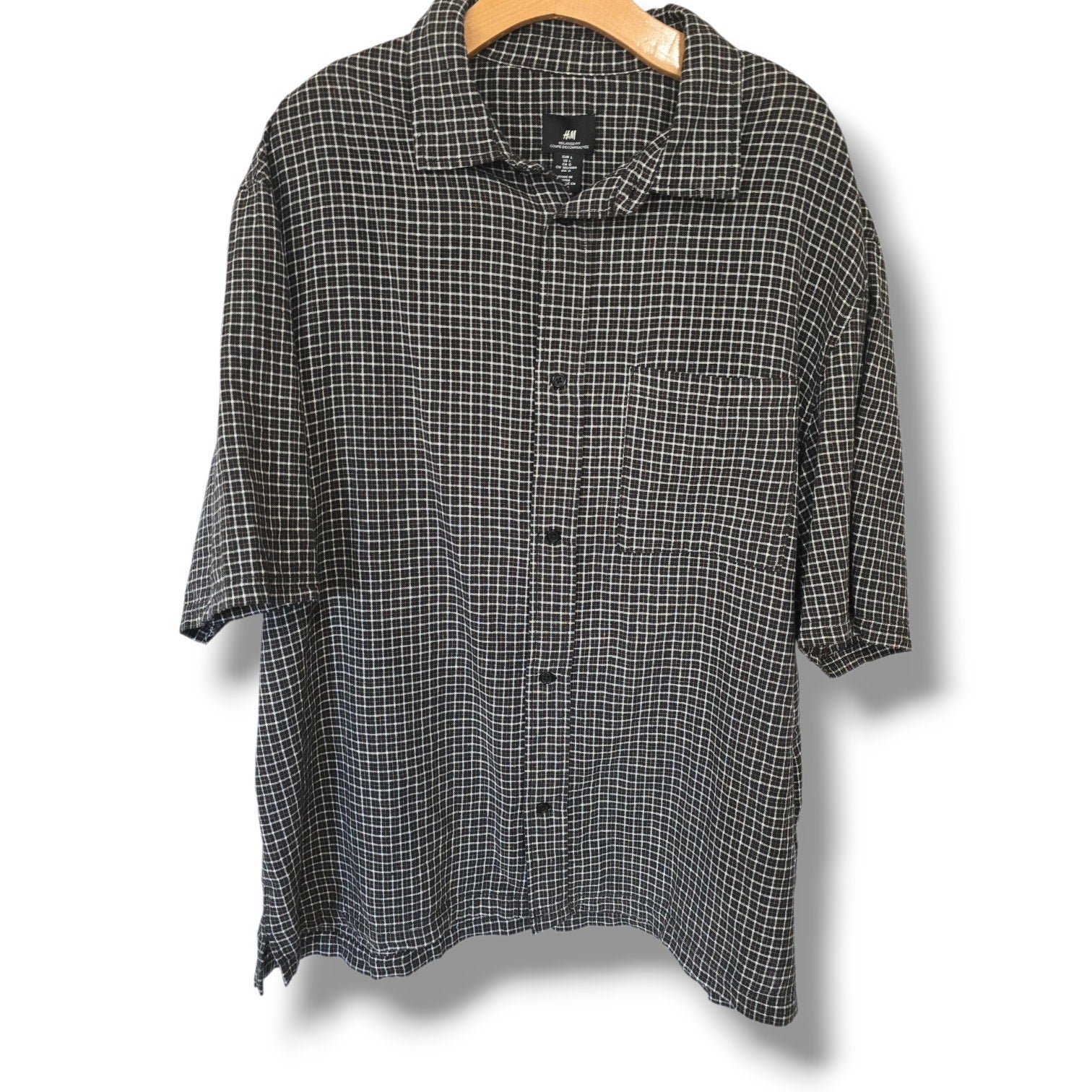 H&M Relaxed Fit Black & White Windowpane Linen-Blend Shirt – Large