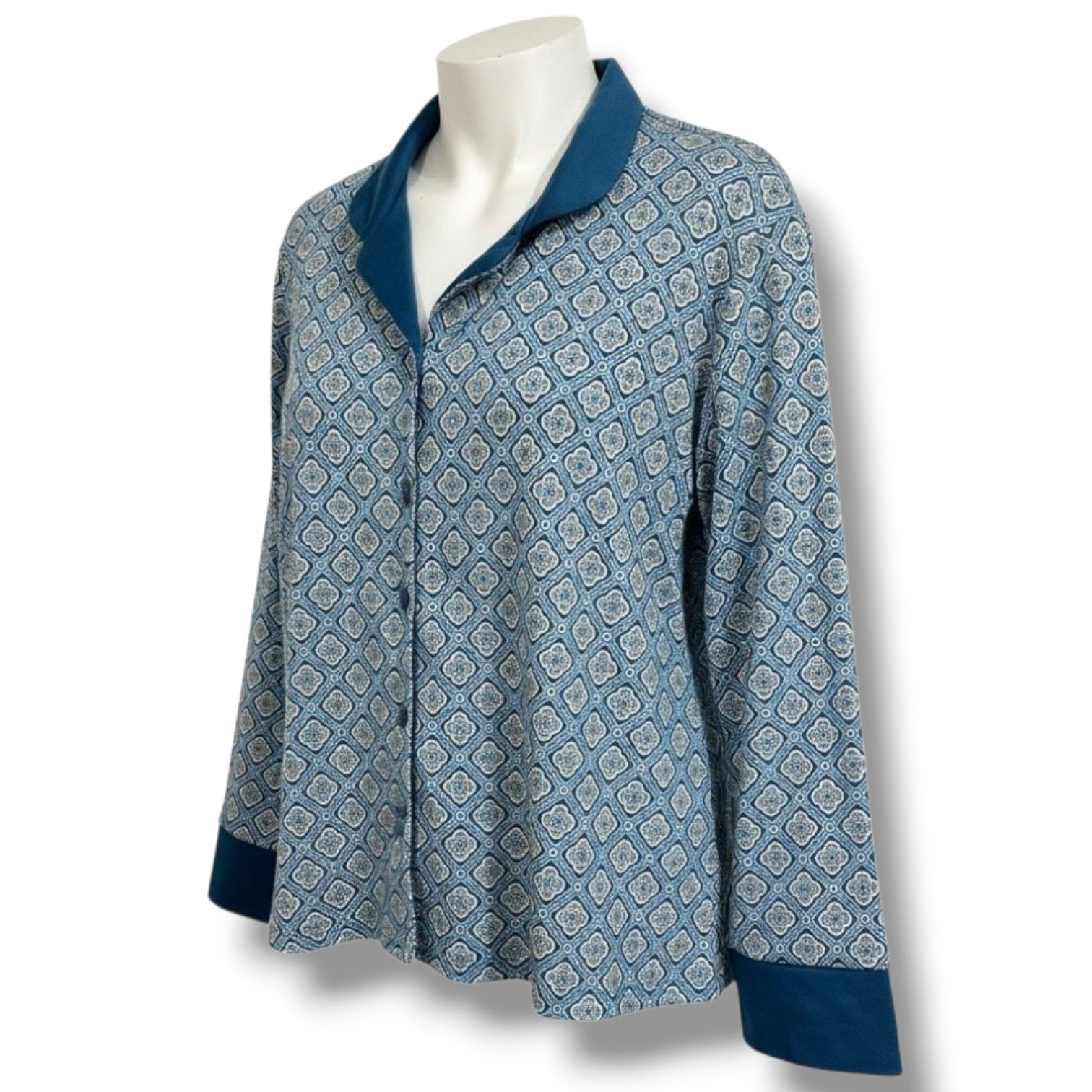 Flora by Flora Nikrooz Women’s Blue Geometric Long Sleeve Pajama Top Size Large