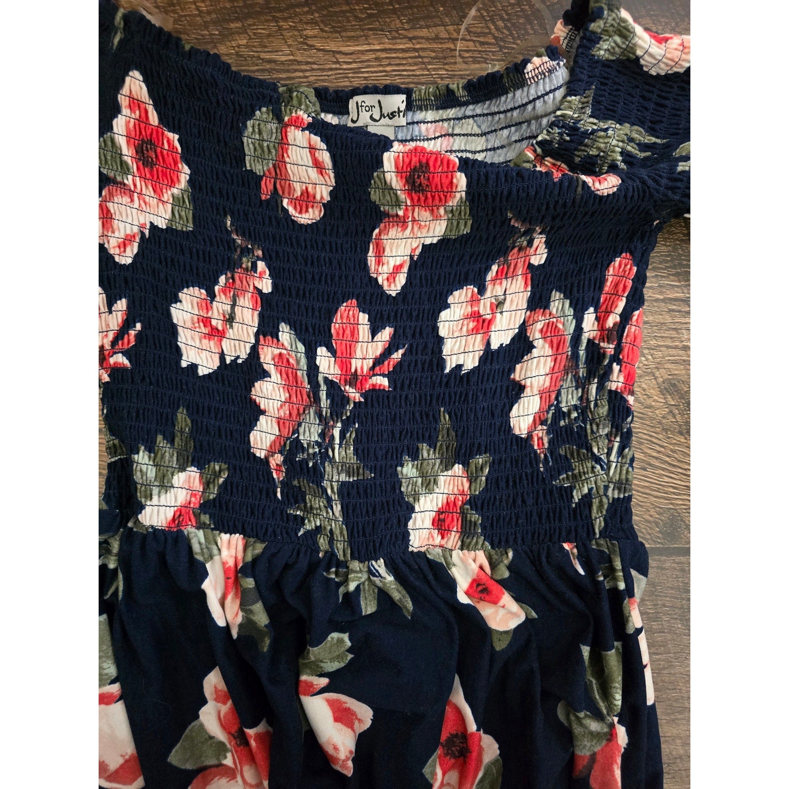 J for Just! Women's Navy Coral Floral Smocked Long Bishop Sleeve Mini Dress med