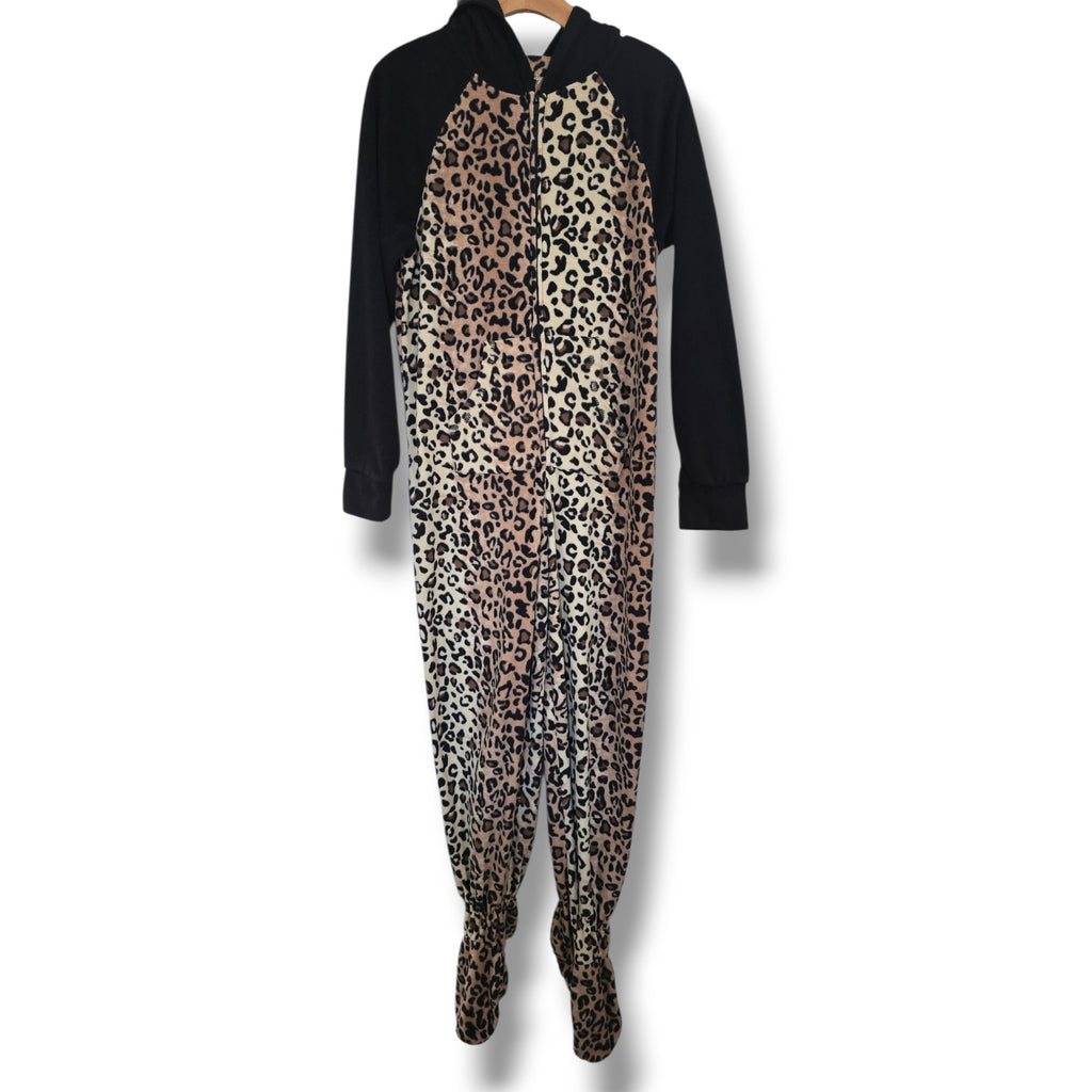 French Jenny Leopard Print Hooded One-Piece Pajamas - Size Medium