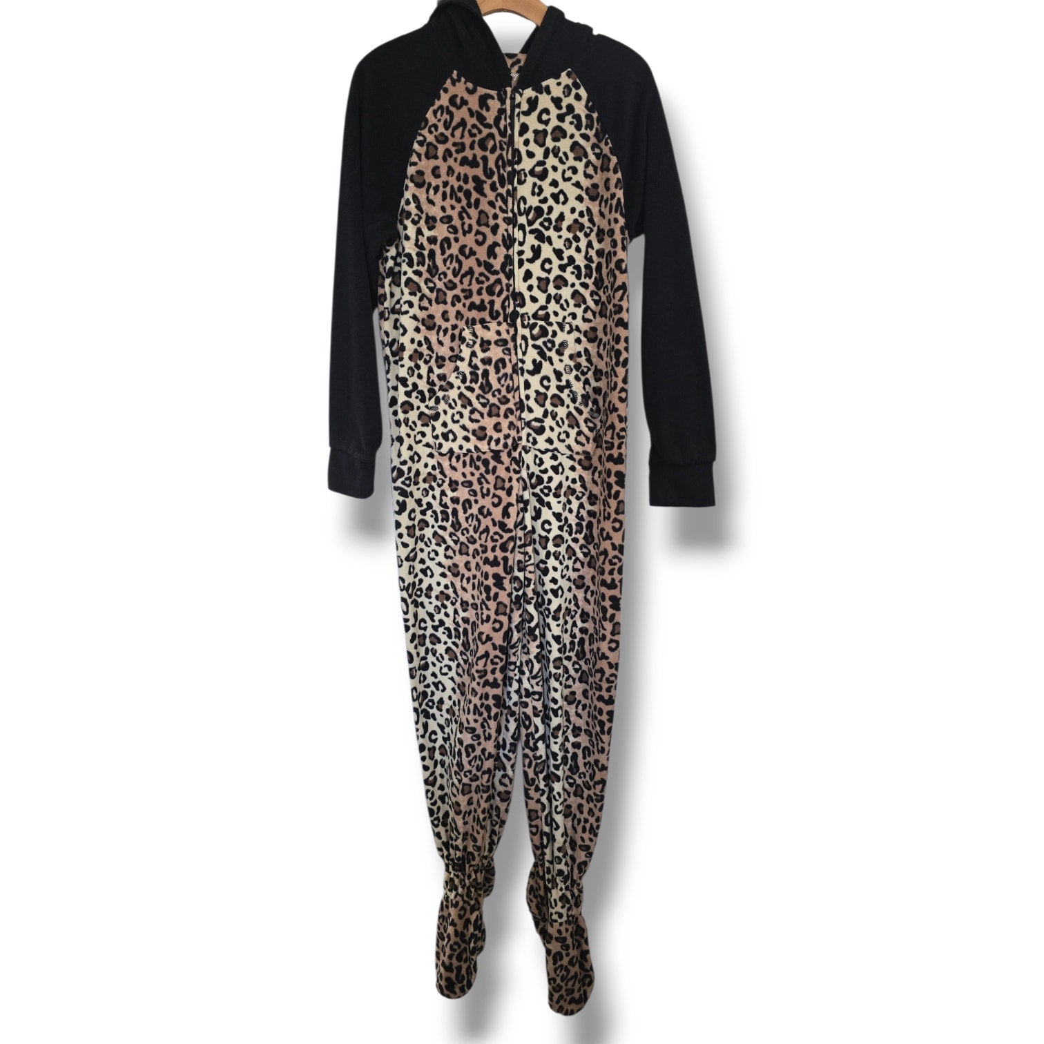 French Jenny Leopard Print Hooded One-Piece Pajamas - Size Medium