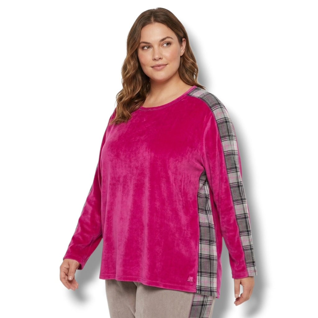 Cuddl Duds women's plus size Hot Pink Plush Fleece Plaid Trim Pajama Top