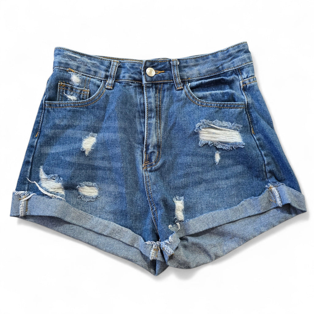 SHEIN Distressed High-Waisted Cuffed Denim Jean Shorts Medium