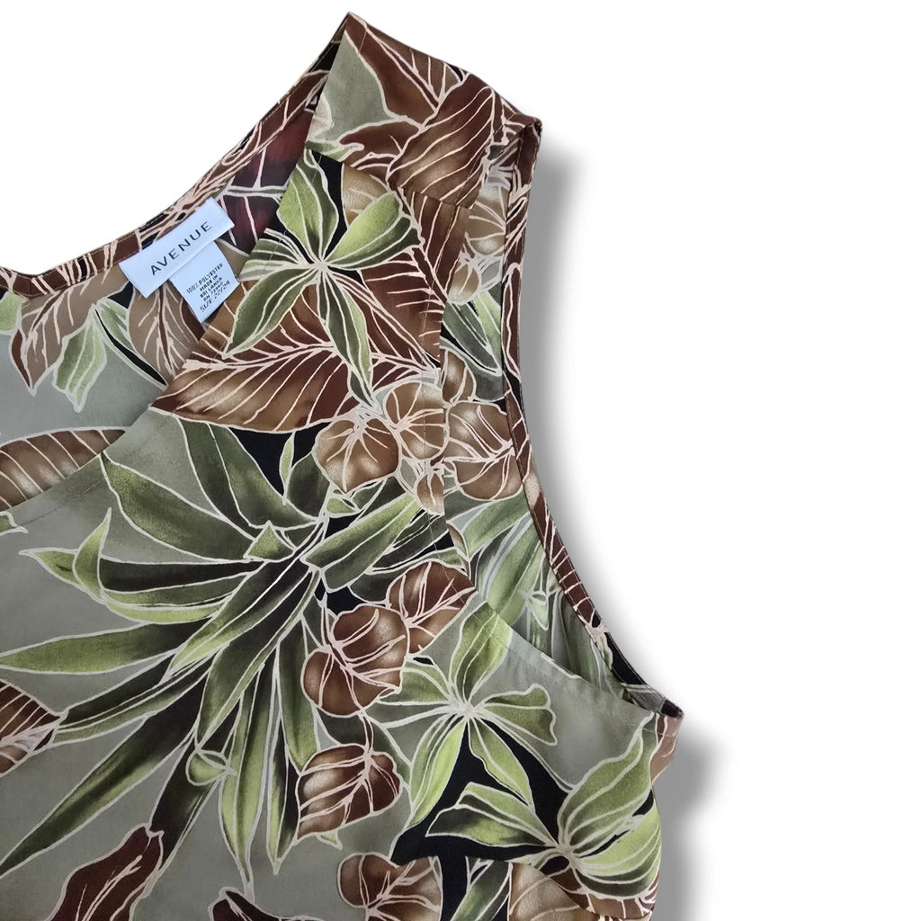 Avenue Women's Size 22/24 Green Brown Tropical Palm Leaf V-Neck Tank Top