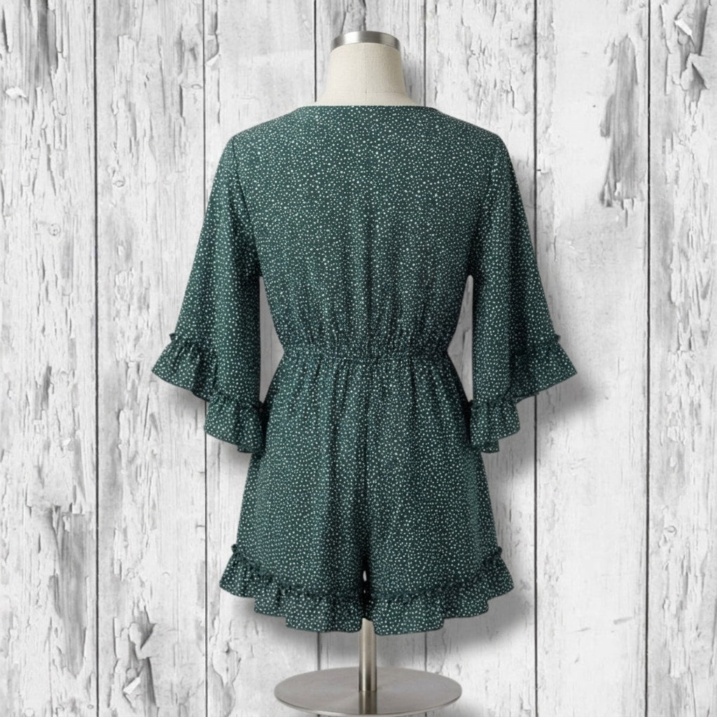 SHEIN Women's Size Large Dark Green Speckled Tie Front Bell Sleeve Romper
