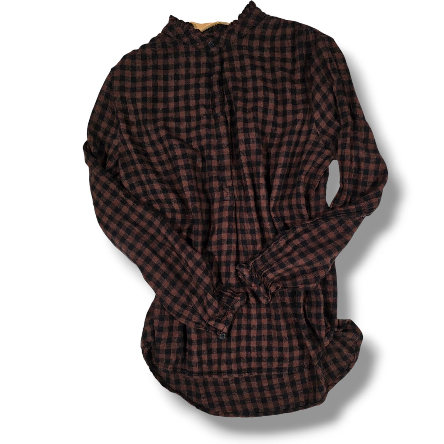 BeachLunchLounge Women’s Brown & Black Plaid Button-Front Blouse – Size Small