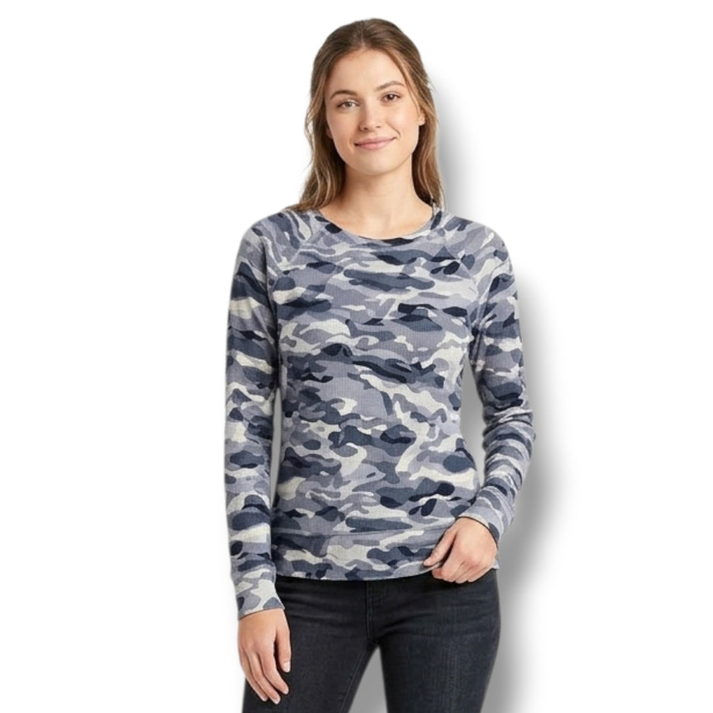 Karen Scott Sport Women’s Blue Camo Waffle Knit Crewneck Top - XS