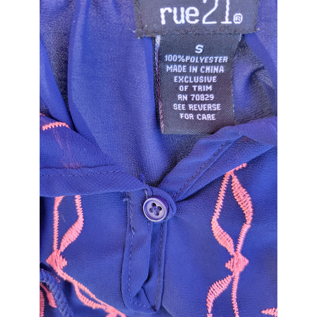 Rue 21 Women’s Blue Embroidered Boho Peasant Blouse Small Semi-Sheer Gently Used