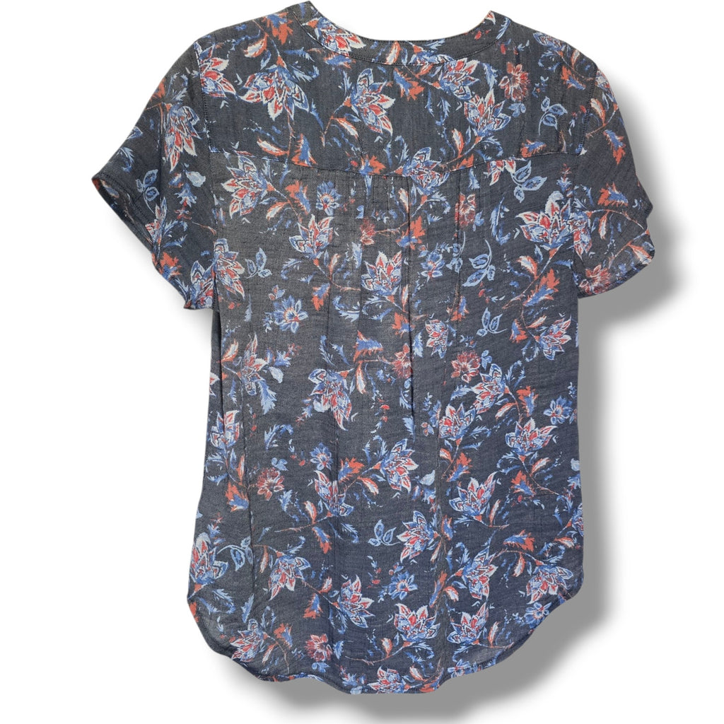 St. John’s Bay Petite Medium Floral Lace-Up Tassel Blouse Navy Rayon Blend