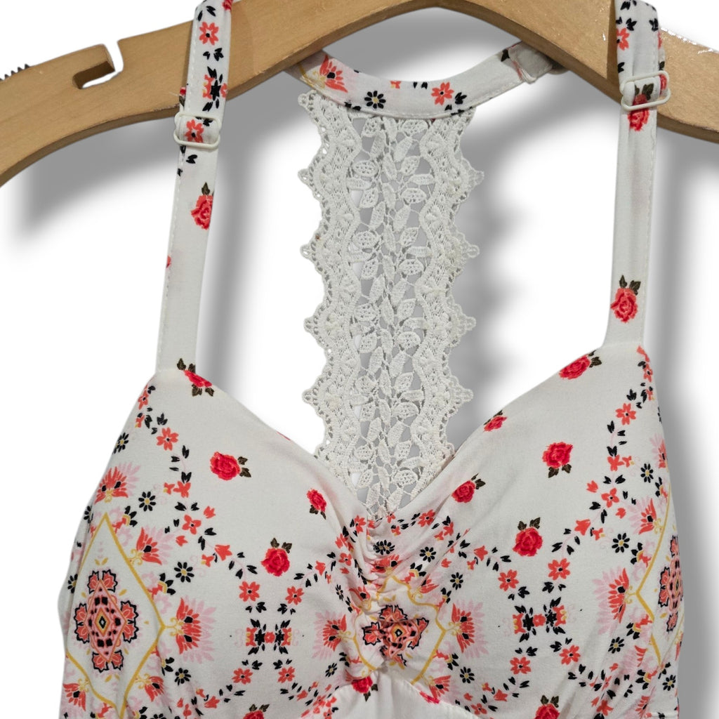 No Boundaries juniors Ivory Floral Halter Dress with Lace Racerback Small (3–5)