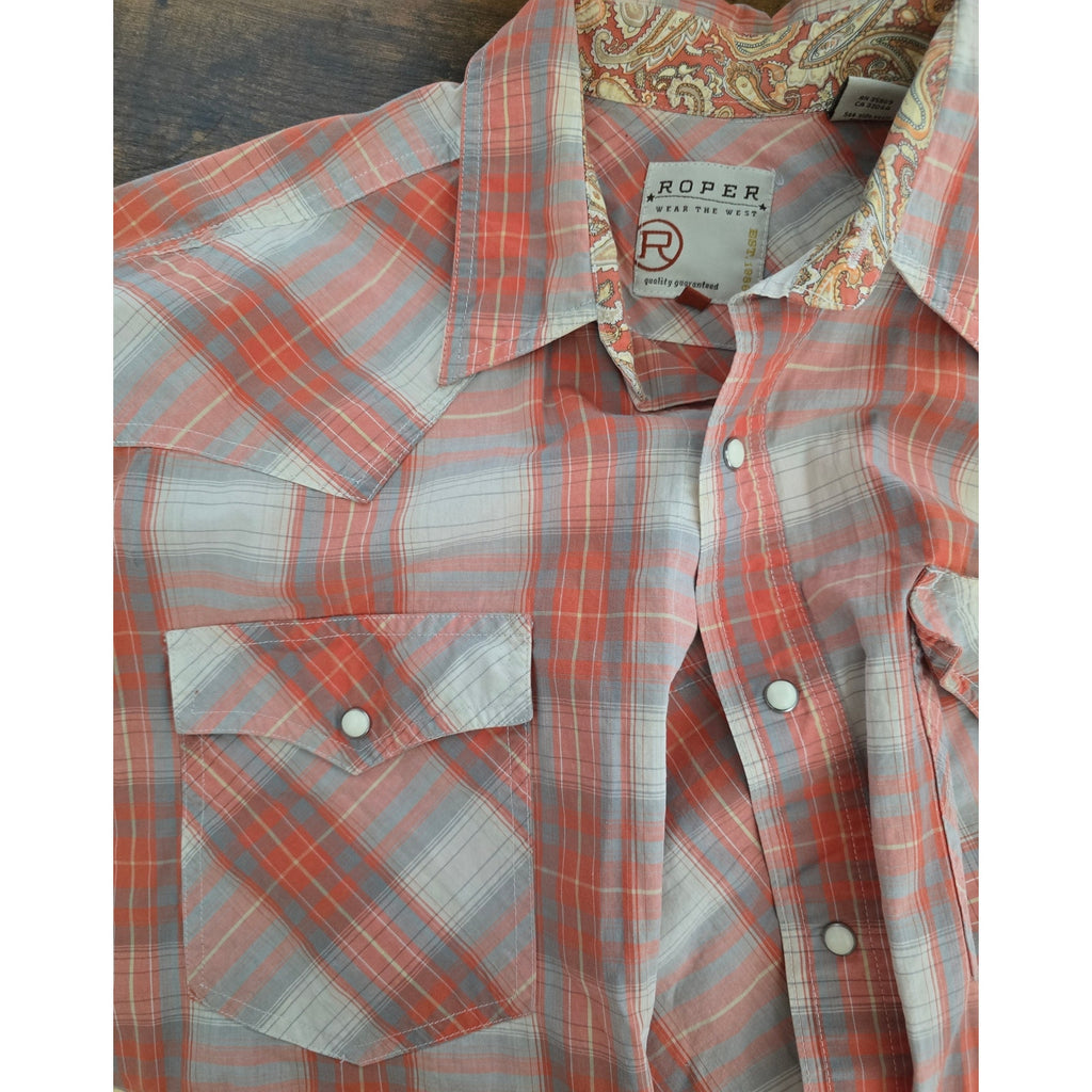 Roper Wear the West Mens Coral Plaid Paisley Trim Pearl Snap Western Shirt Large