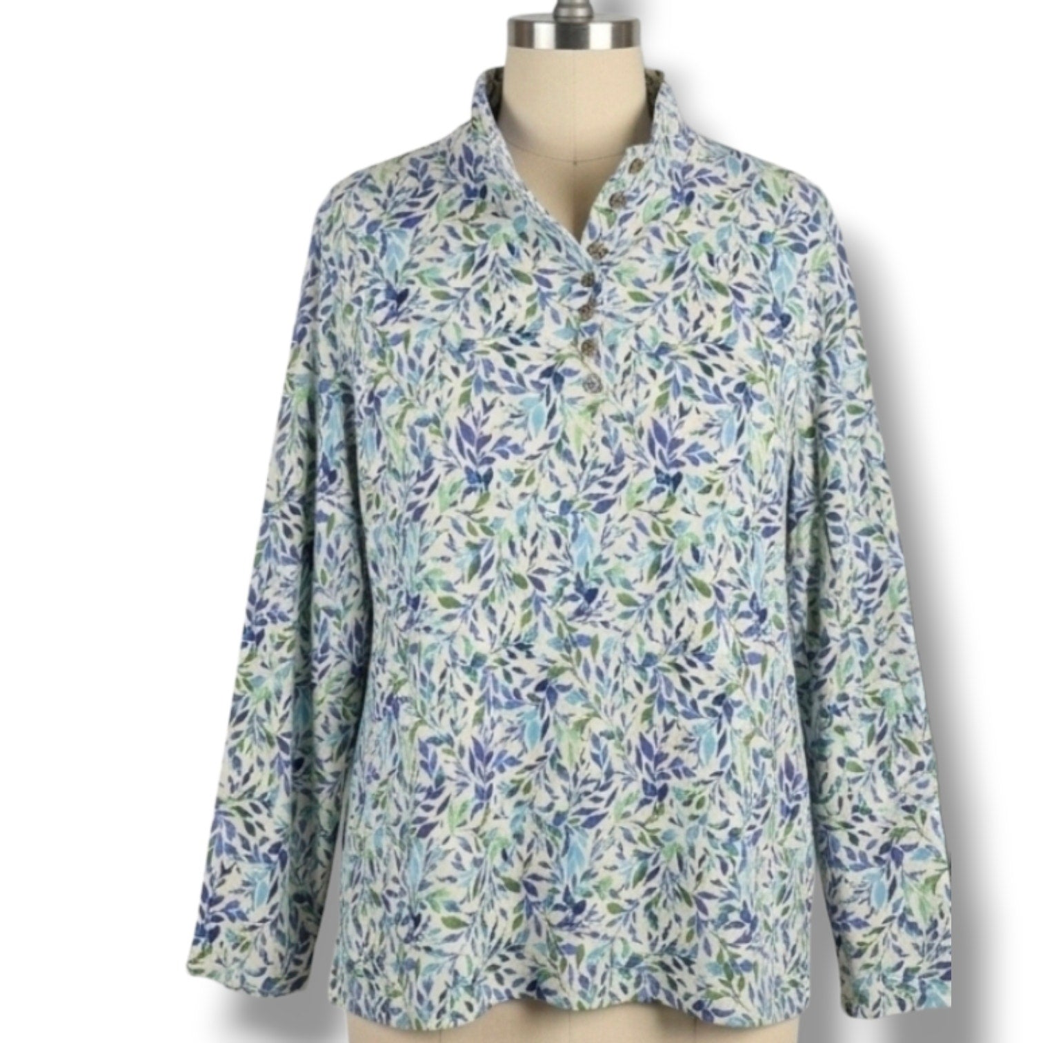 Appleseed's women's plus size Blue & Green Leaf Print Mock Neck Henley Top- 2x