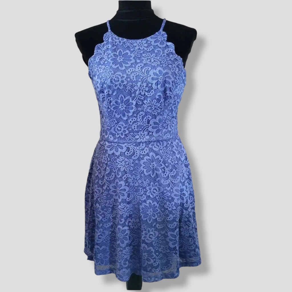 BCX Blue Lace Halter Dress Juniors Size 11 Scallop A-Line Cocktail Party Dress