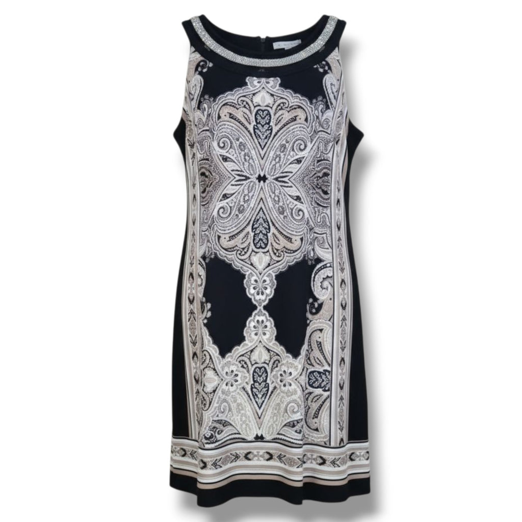 Sandra Darren Women’s Sleeveless Printed Jersey Necklace Dress Black Beige