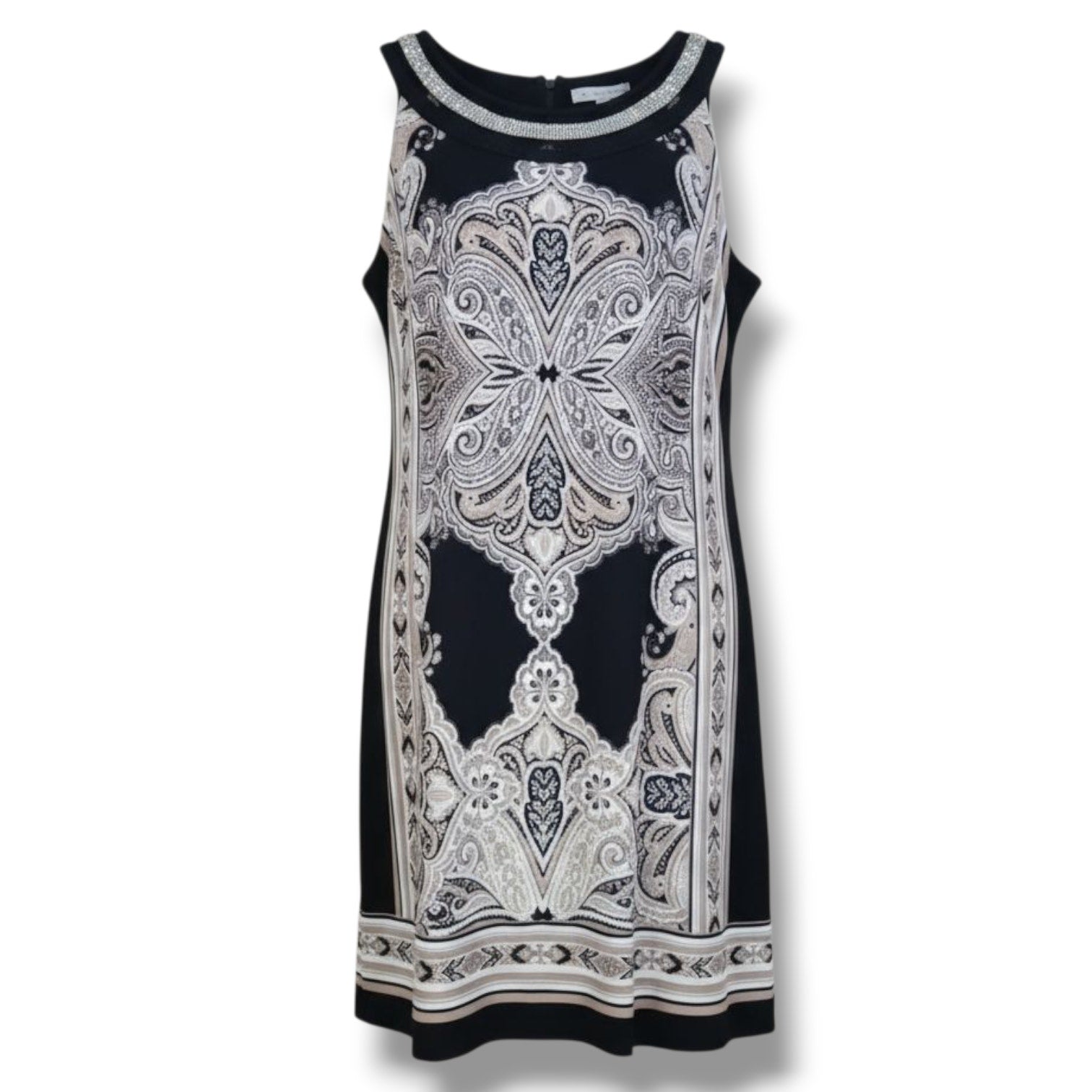 Sandra Darren Women’s Sleeveless Printed Jersey Necklace Dress Black Beige