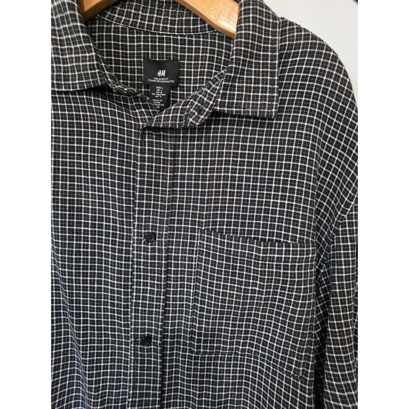 H&M Relaxed Fit Black & White Windowpane Linen-Blend Shirt – Large