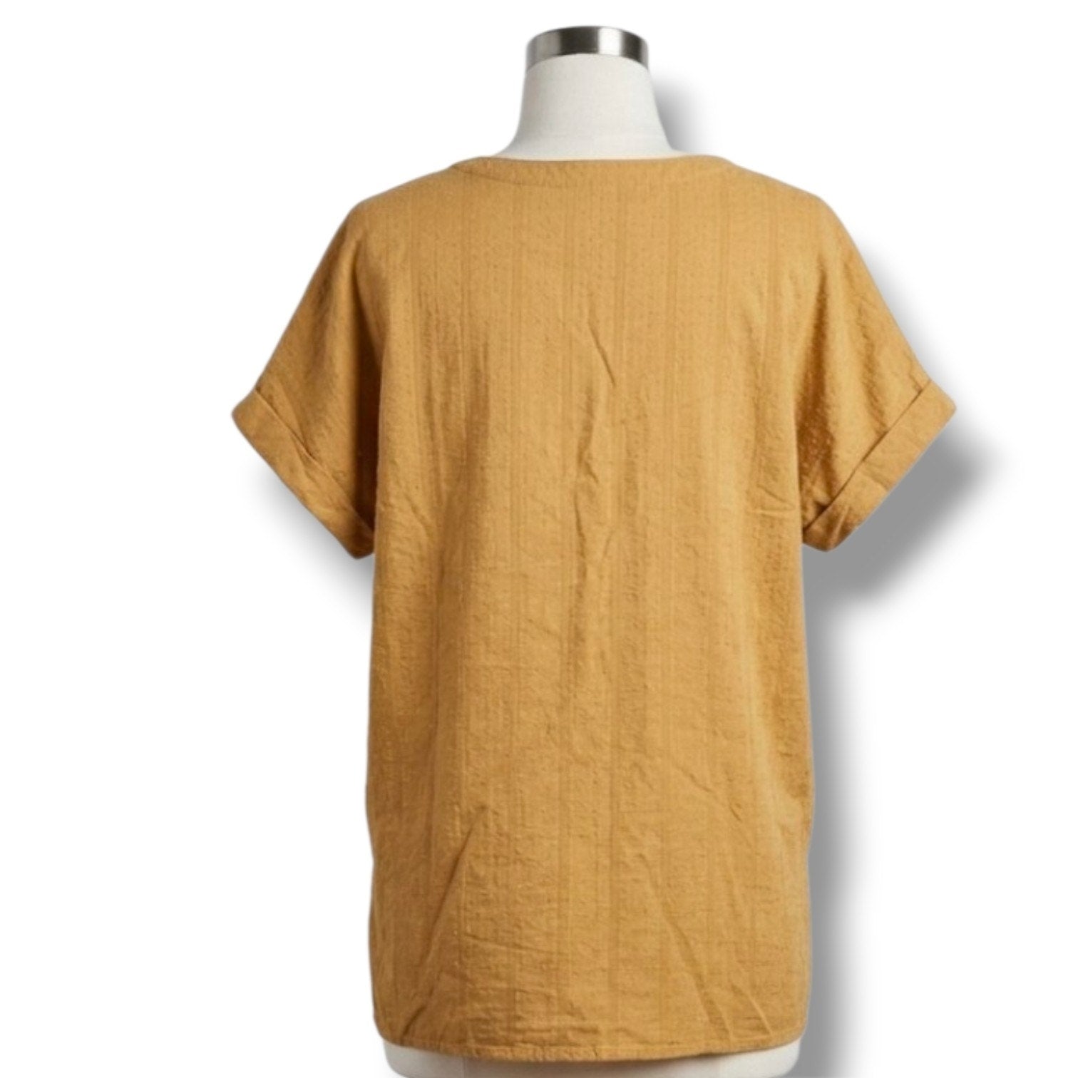 Matty M Women's Large Tan Textured 100% Cotton Split V-Neck Blouse Top
