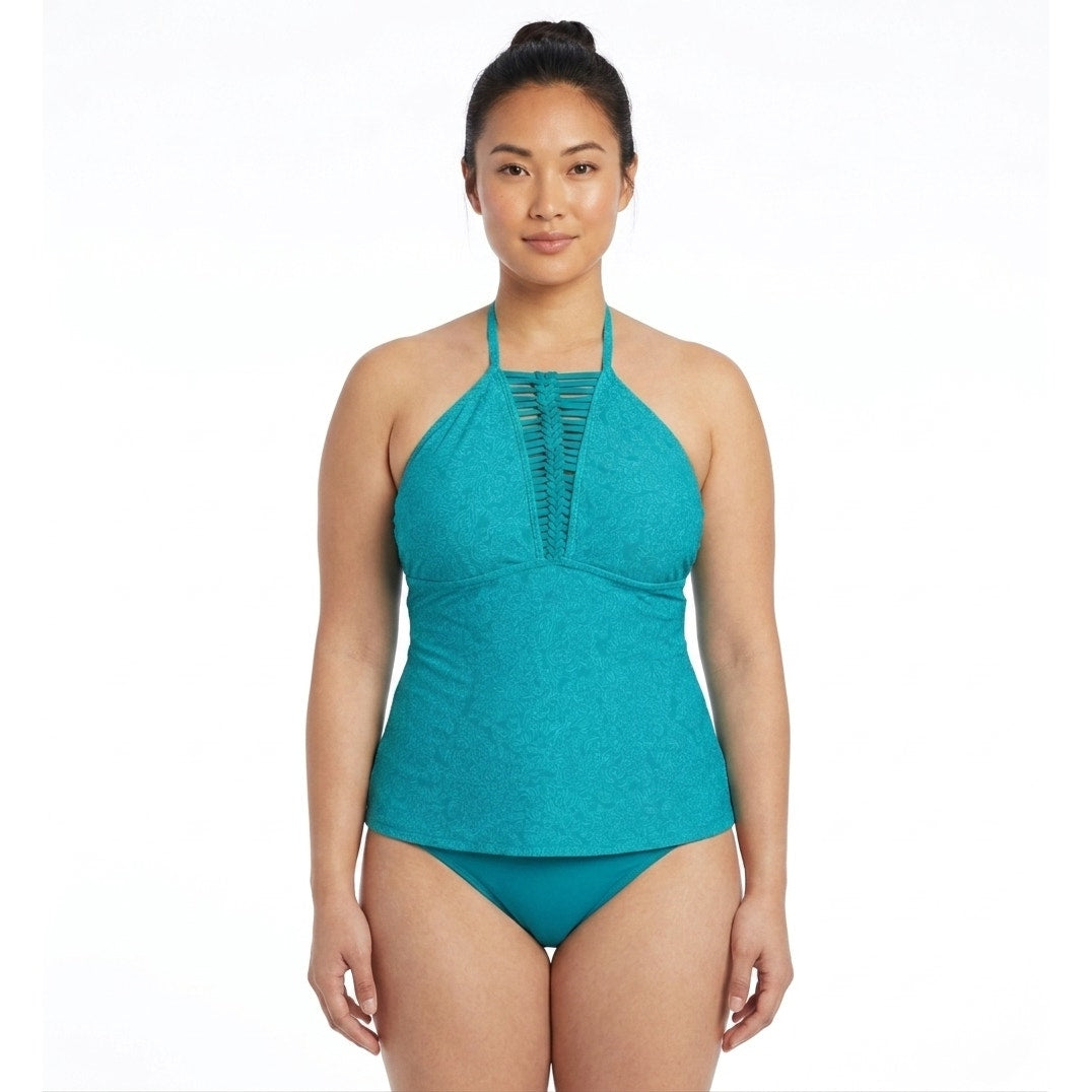 Catalina women's Plus Size Blue Paisley Floral Crochet Halter Tankini Top 3X