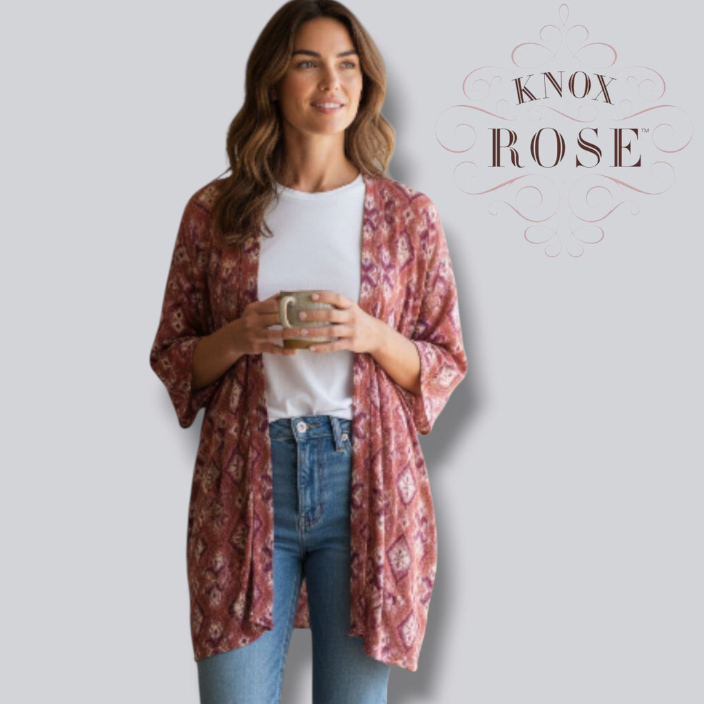 Knox Rose Mauve Boho Print Open Kimono Cardigan – XS/Small