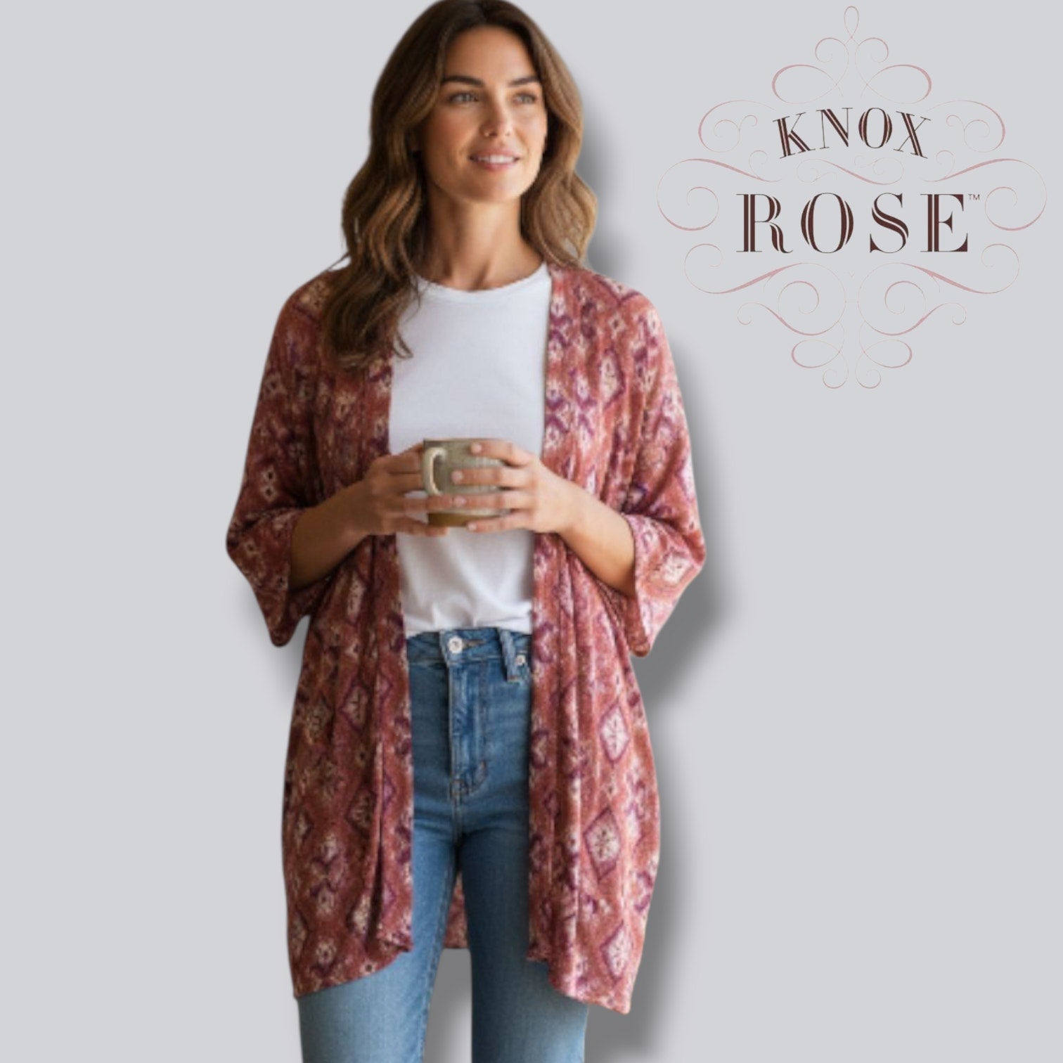 Knox Rose Mauve Boho Print Open Kimono Cardigan – XS/Small