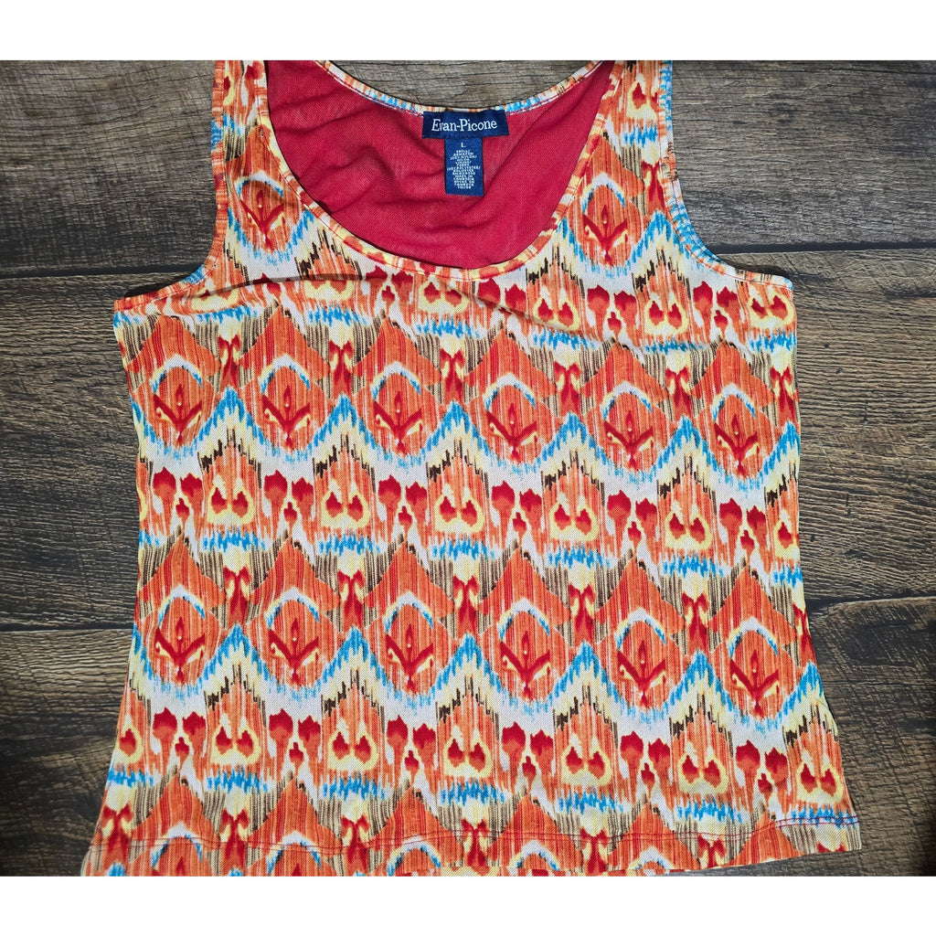 Evan-Picone Orange Ikat Mesh Overlay Tank Top Lined Sleeveless Blouse Large