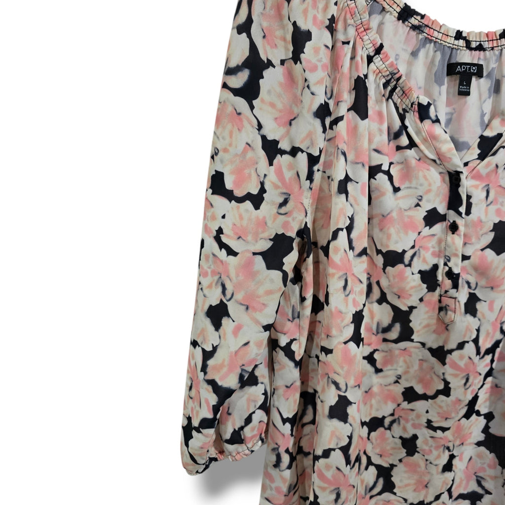 Apt. 9 Womens Large Multicolor Floral Quarter Button Long Sleeve Pullover Blouse