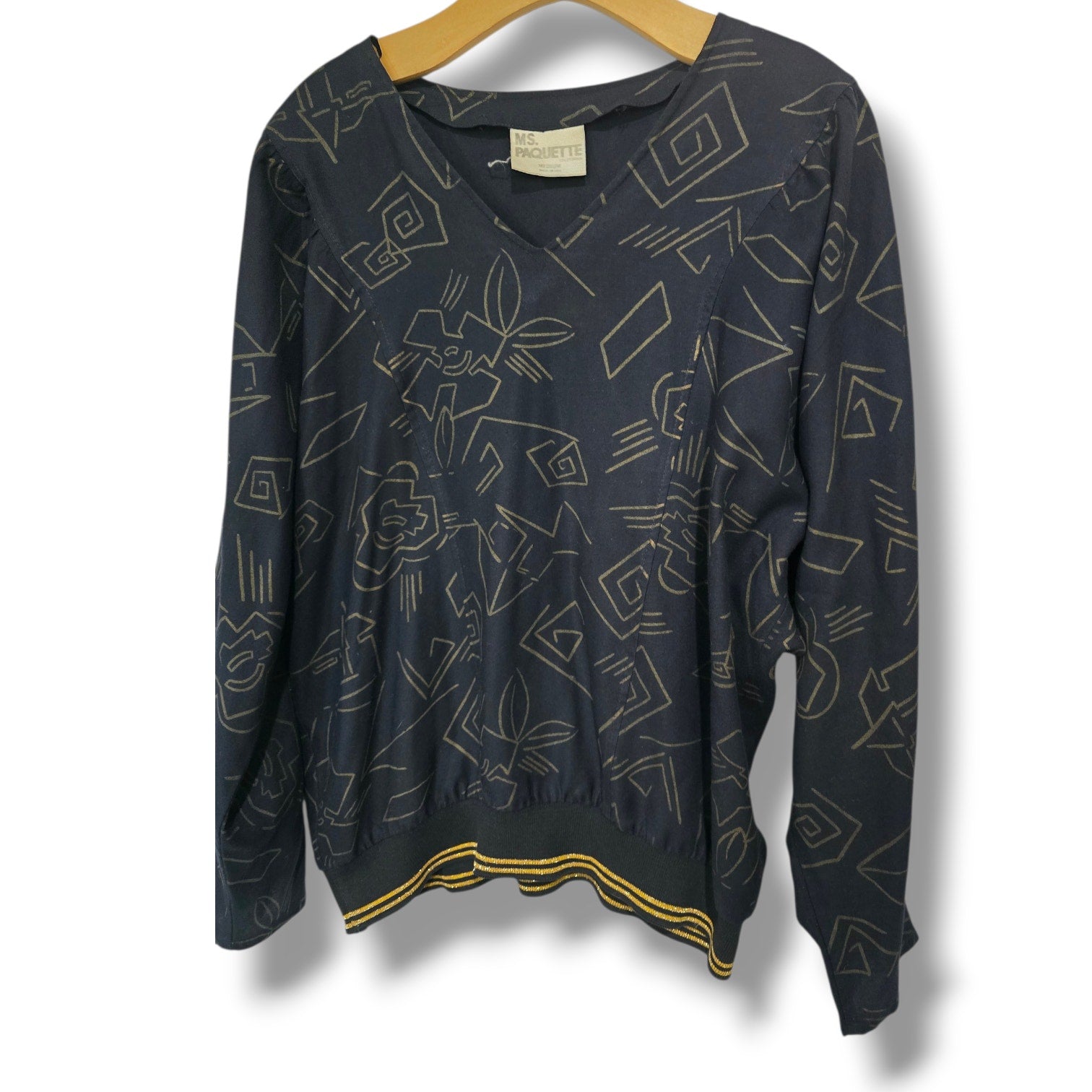 Vintage Ms. Paquette California Black & Gold Geometric V-Neck Blouse Medium