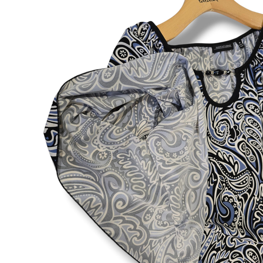 Notations Women’s Blue Black Paisley Print Blouse Medium Beaded Keyhole Top