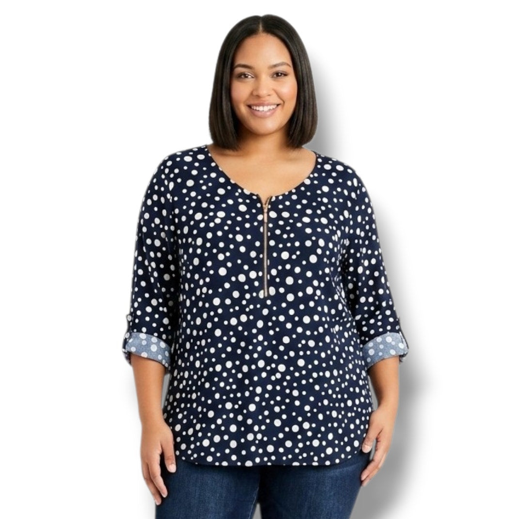 Dressbarn Women’s Plus Size 2X Navy Blue Polka Dot Blouse – Polyester Spandex