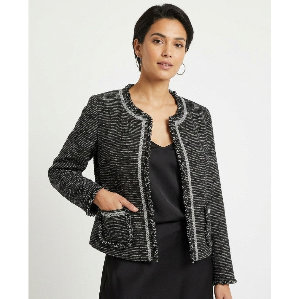 Frenchi women’s tweed frayed-edge open-front blazer jacket - medium