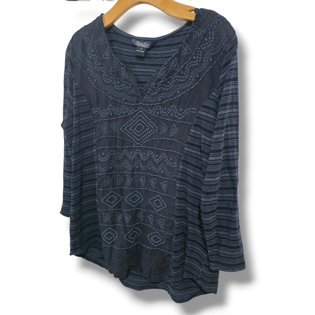 Lucky Brand Embroidered Panel Stripe 3/4 Sleeve Blouse