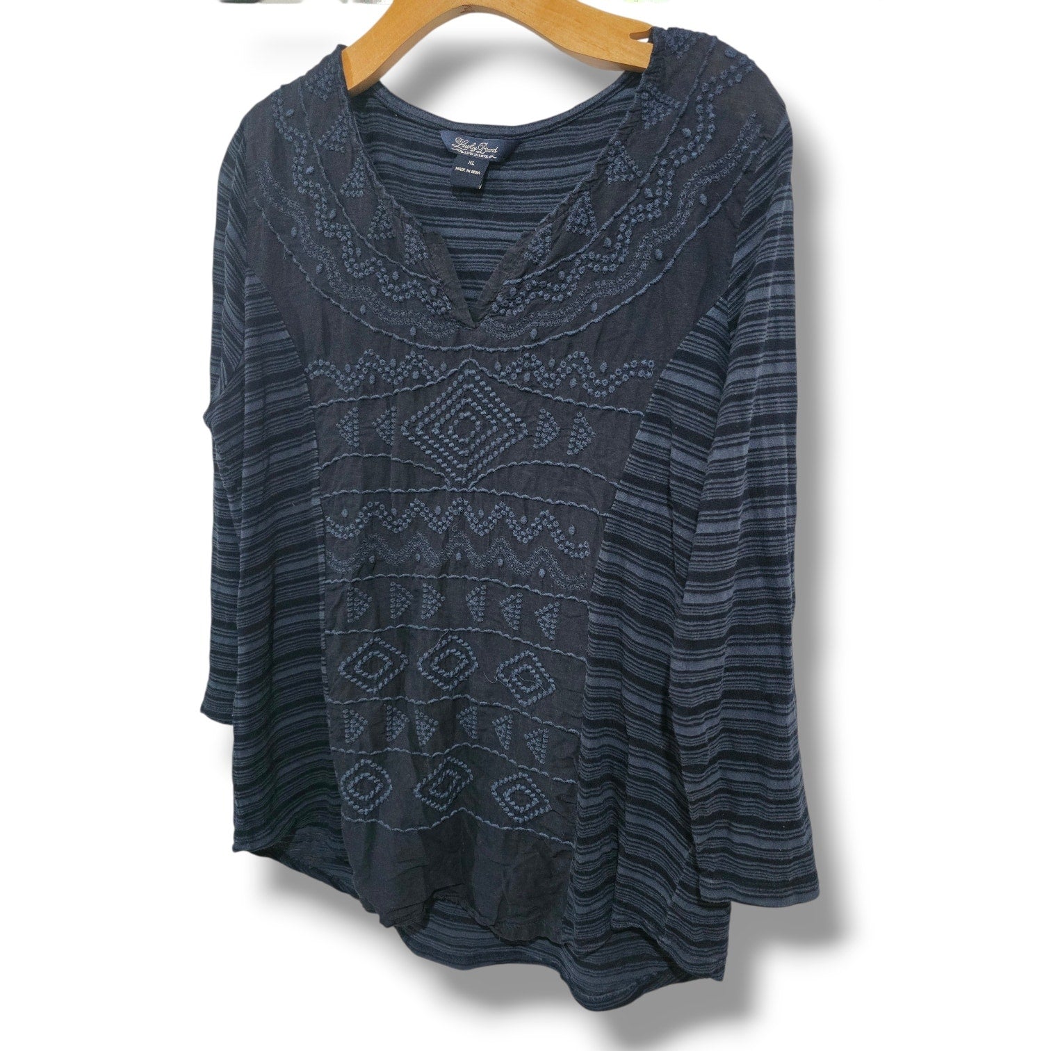 Lucky Brand Embroidered Panel Stripe 3/4 Sleeve Blouse