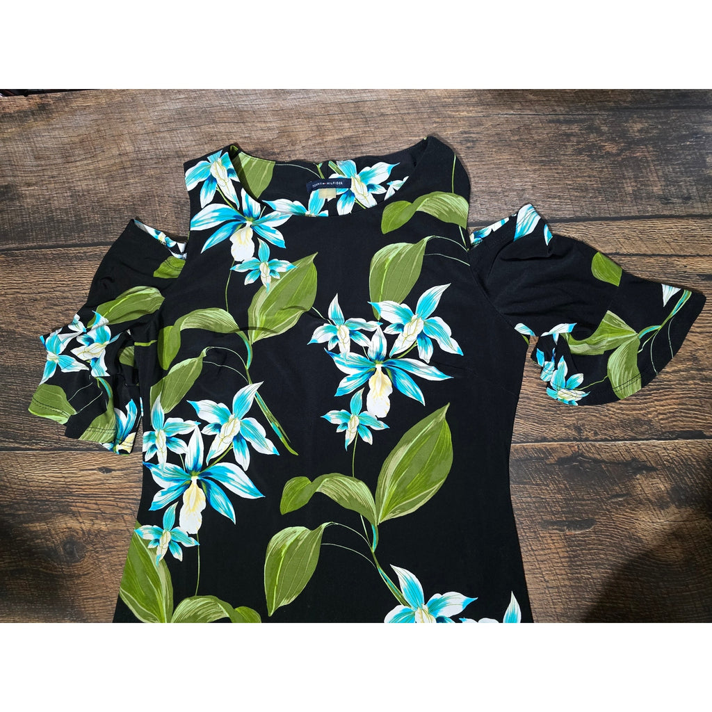 Tommy Hilfiger Black Floral Cold Shoulder Ruffle Sleeve Sheath Dress Size 6
