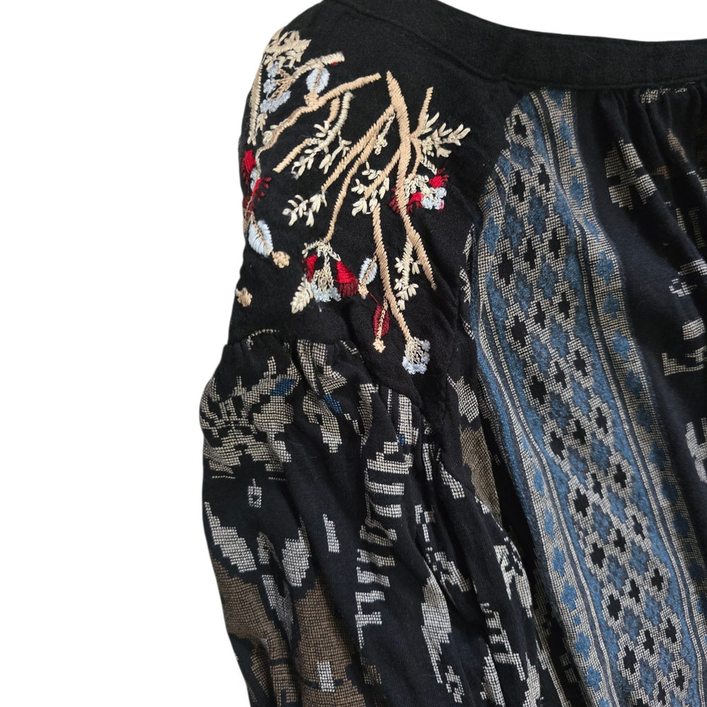 Lucky Brand Boho Embroidered Mixed-Print Peasant Blouse – Size Medium