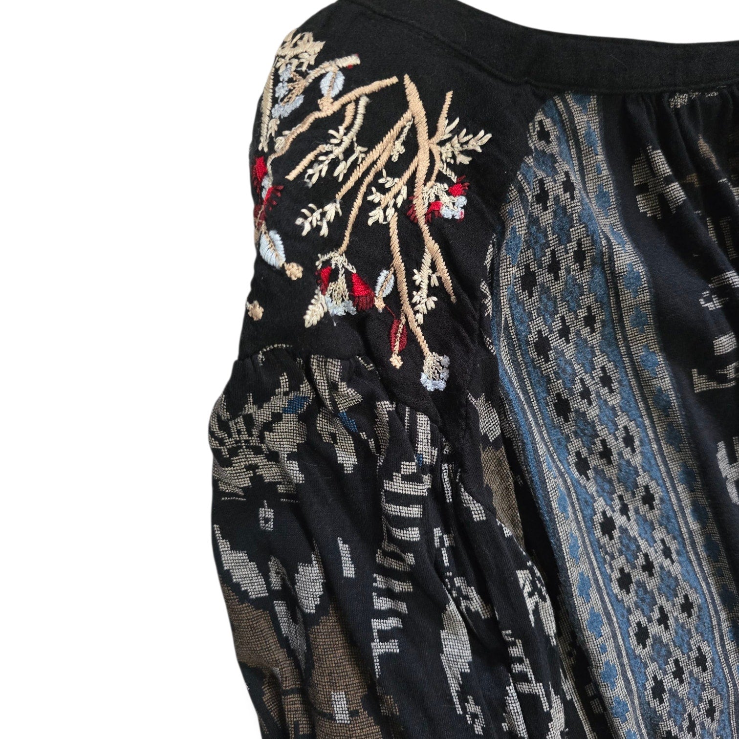 Lucky Brand Boho Embroidered Mixed-Print Peasant Blouse – Size Medium