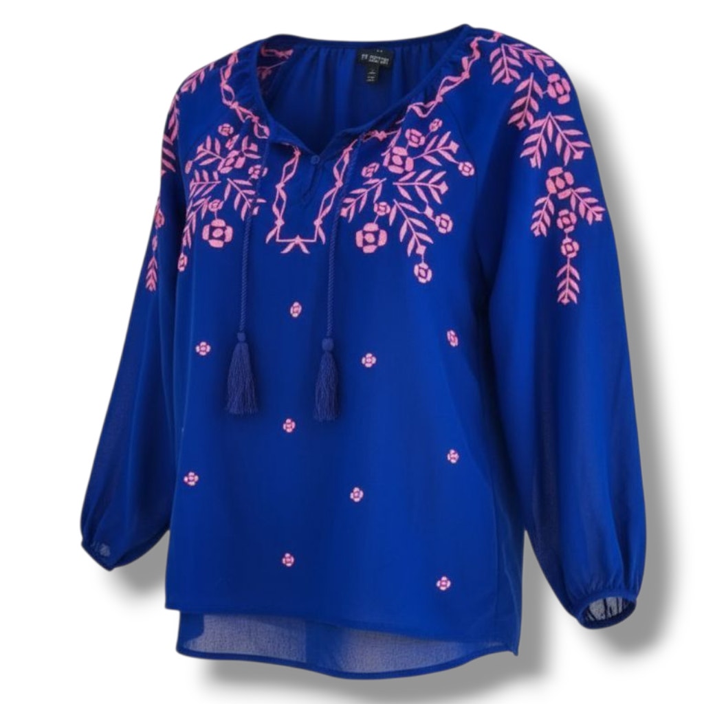 Rue 21 Women’s Blue Embroidered Boho Peasant Blouse Small Semi-Sheer Gently Used