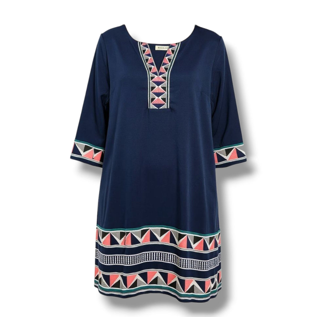 41 Hawthorn Women’s Navy Geometric Print 3/4 Sleeve Shift Dress – Size Medium